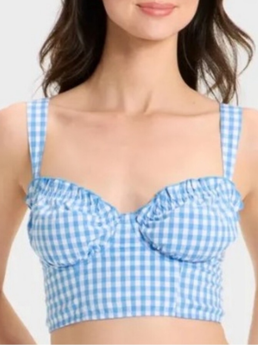 New NWOT blue Gingham Ruffle Crop bustier bralette Top